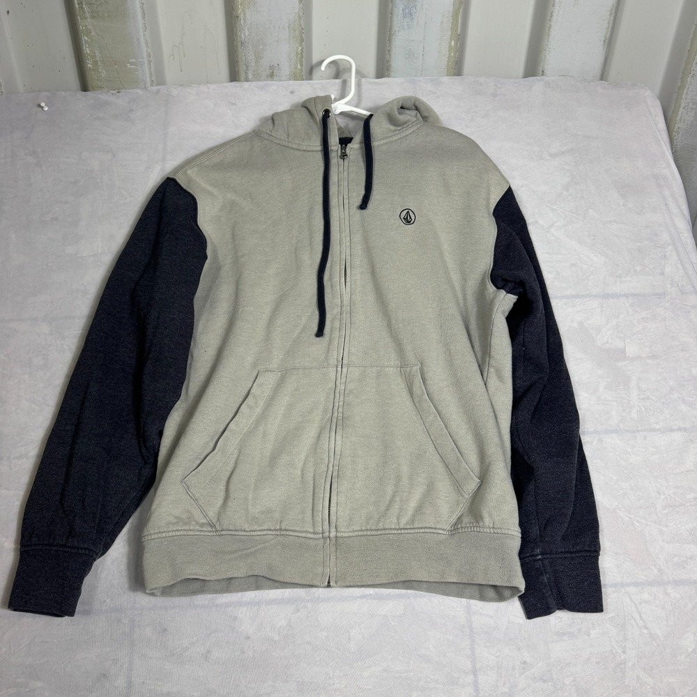 Volcom Mens Sweatshirt Beige Black Fleece Full Zip Hooded Comfort Size M